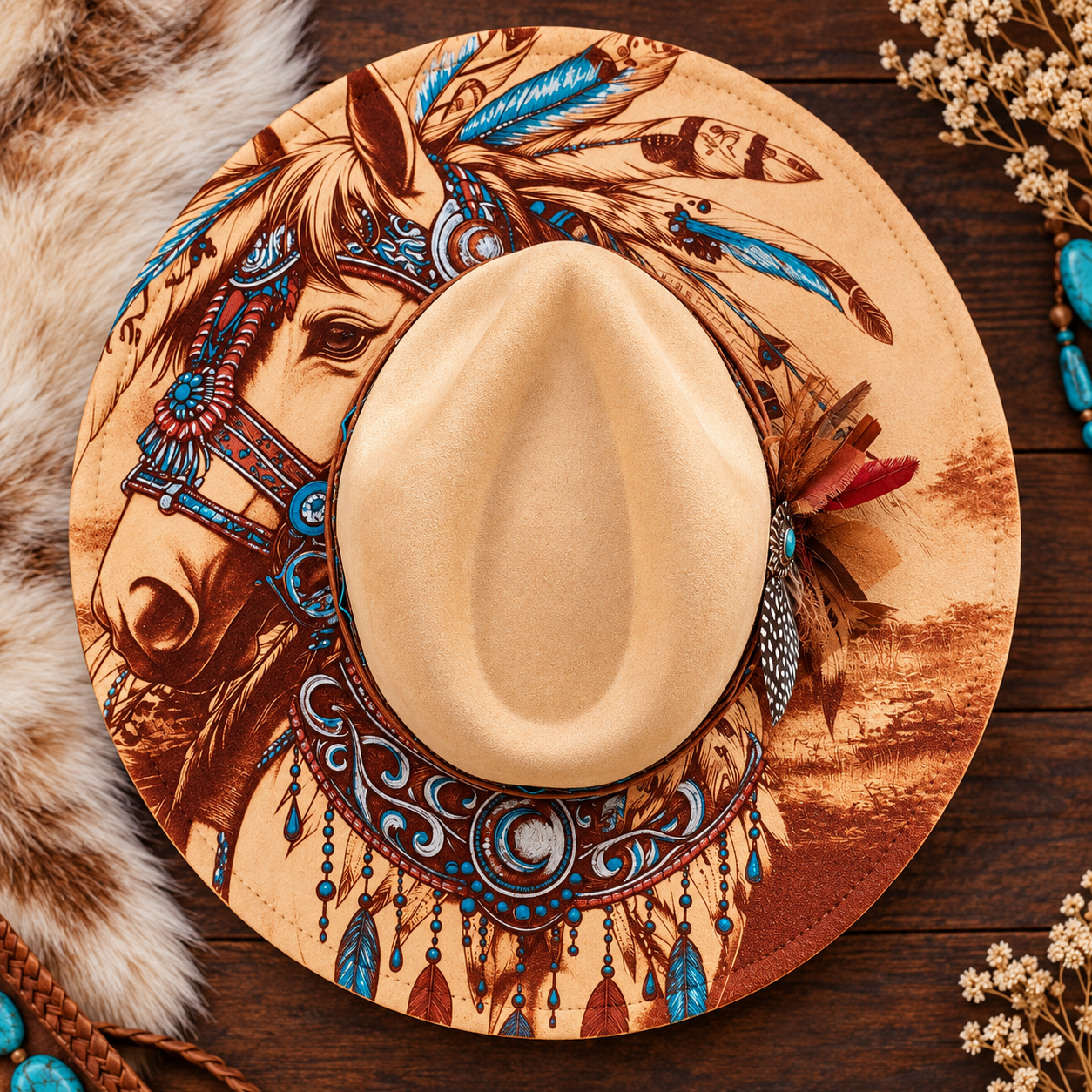 Broad Brims tan Western hat with horse artwork and turquoise accents